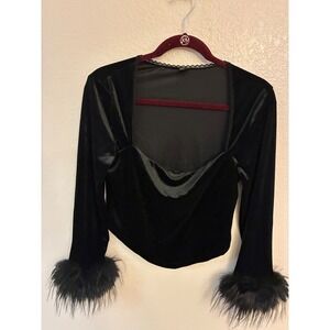 Shein Curve Black Velvet Sweetheart Top Faux Fur Cuffs Lace Trim 0XL Plus Size